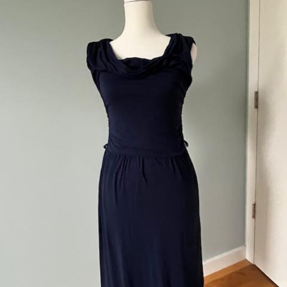 Navy Blue Cowl Neck Stretch Dress
